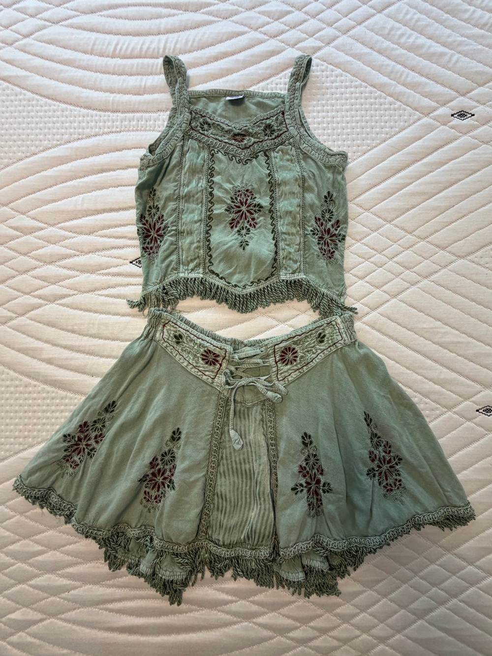 Vintage Shoreline Boho Embroidered Sage Green Two-Piece Crop Top & Skirt Set